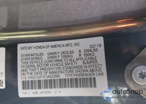 2018 Honda Accord Sport 2.0T from USA, damaged, VIN 1HGCV2F37JA023560